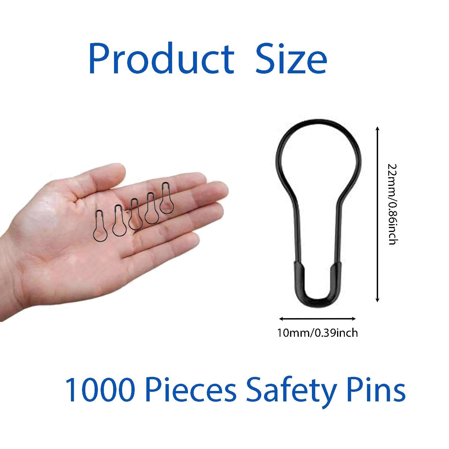 Black gourd safety pins shown in hand and with size dimensions. Product size and quantity text.