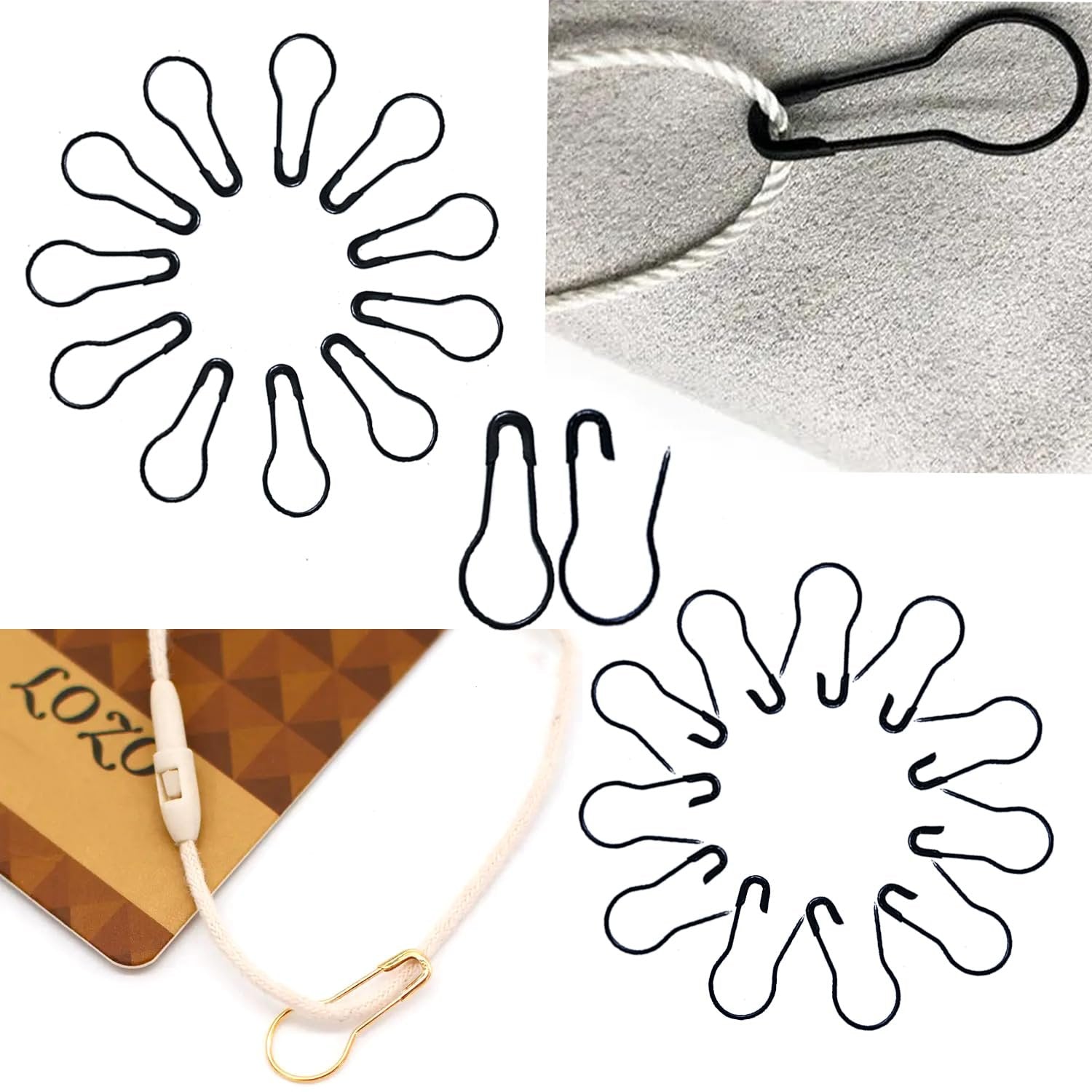 Collage of black and gold gourd safety pins for crafts and home use. One arrangement shows pins in a circle, another shows a close-up of a pin on fabric, and a third shows a gold pin on a tag with text.