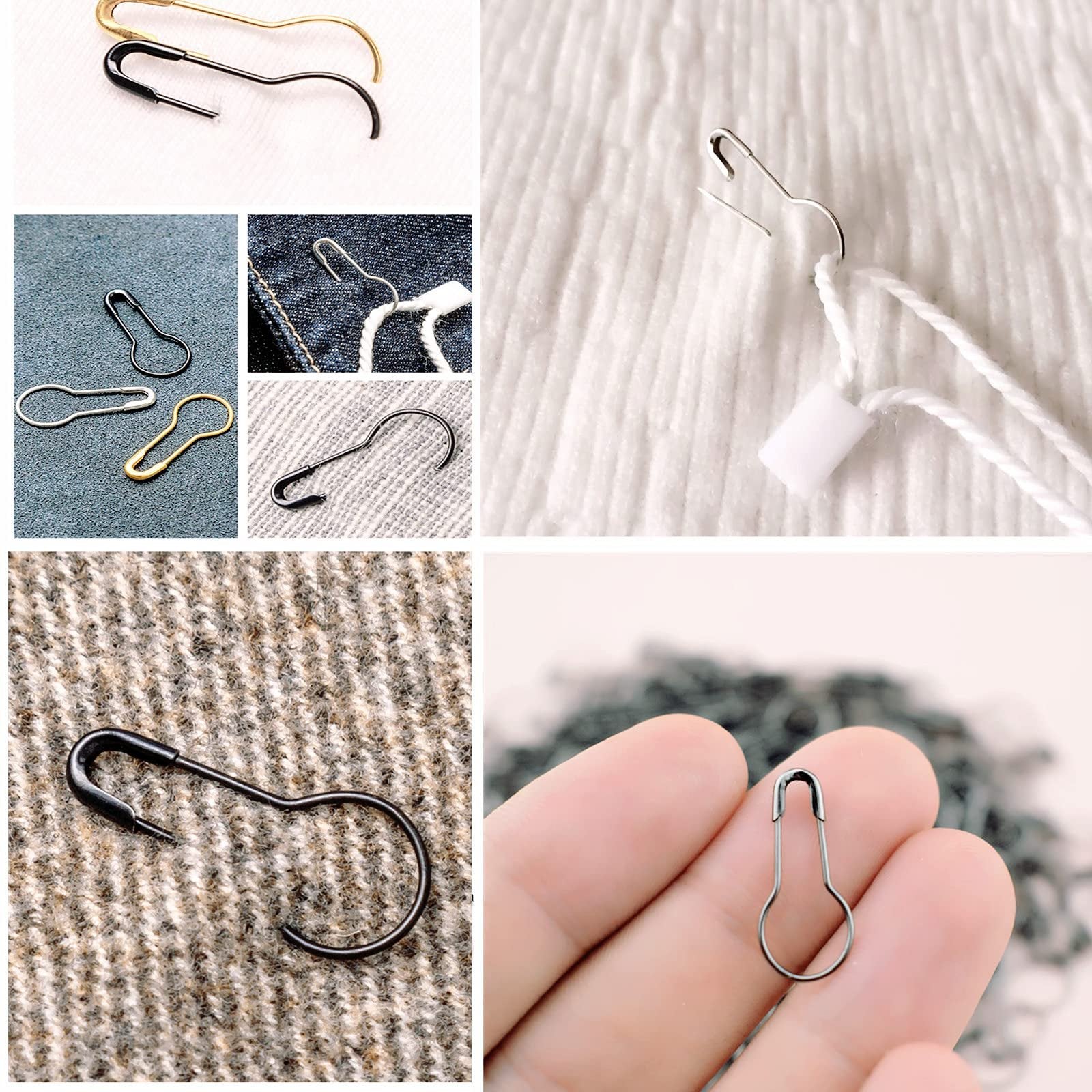 Assortment of black and gold gourd-shaped safety pins shown from various angles on different fabric backgrounds.
