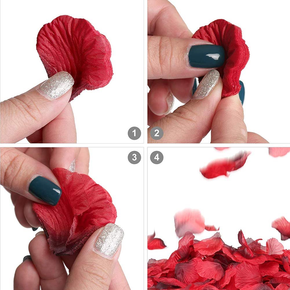 Four-panel image showing how to separate artificial silk rose petals. Top left: single red petal. Top right: hands separating petals. Bottom left: hands separating petals. Bottom right: pile of red petals.