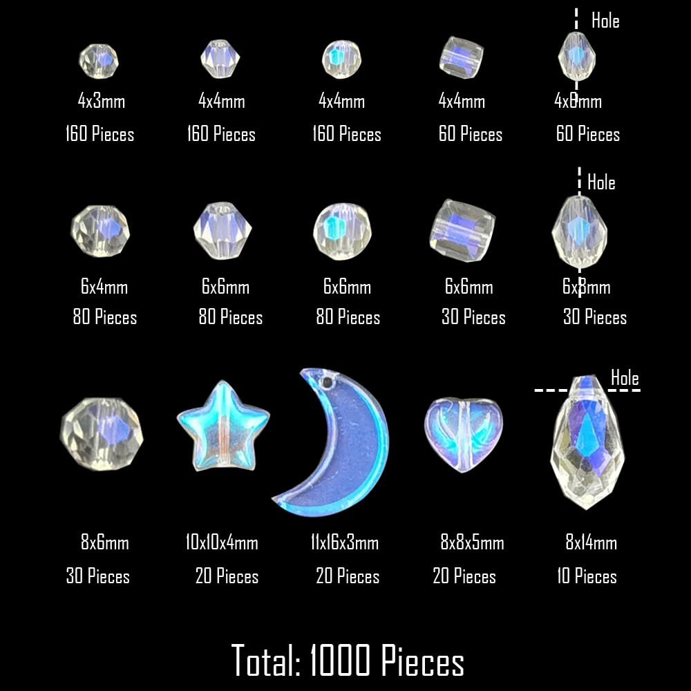 Assorted crystal glass beads in various shapes and sizes, with dimensions and piece counts listed.