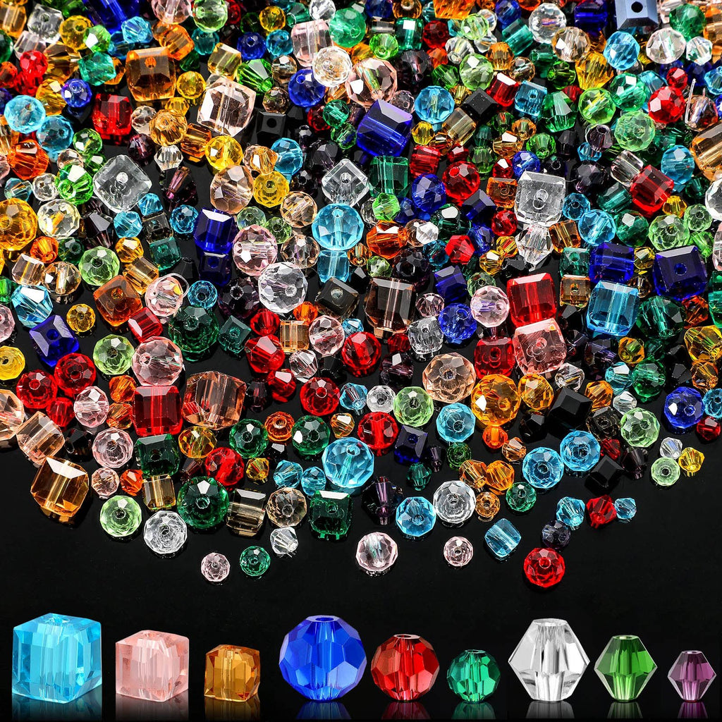 Assorted faceted glass beads in various shapes, sizes, and colors, displayed in a pile with individual beads shown below.