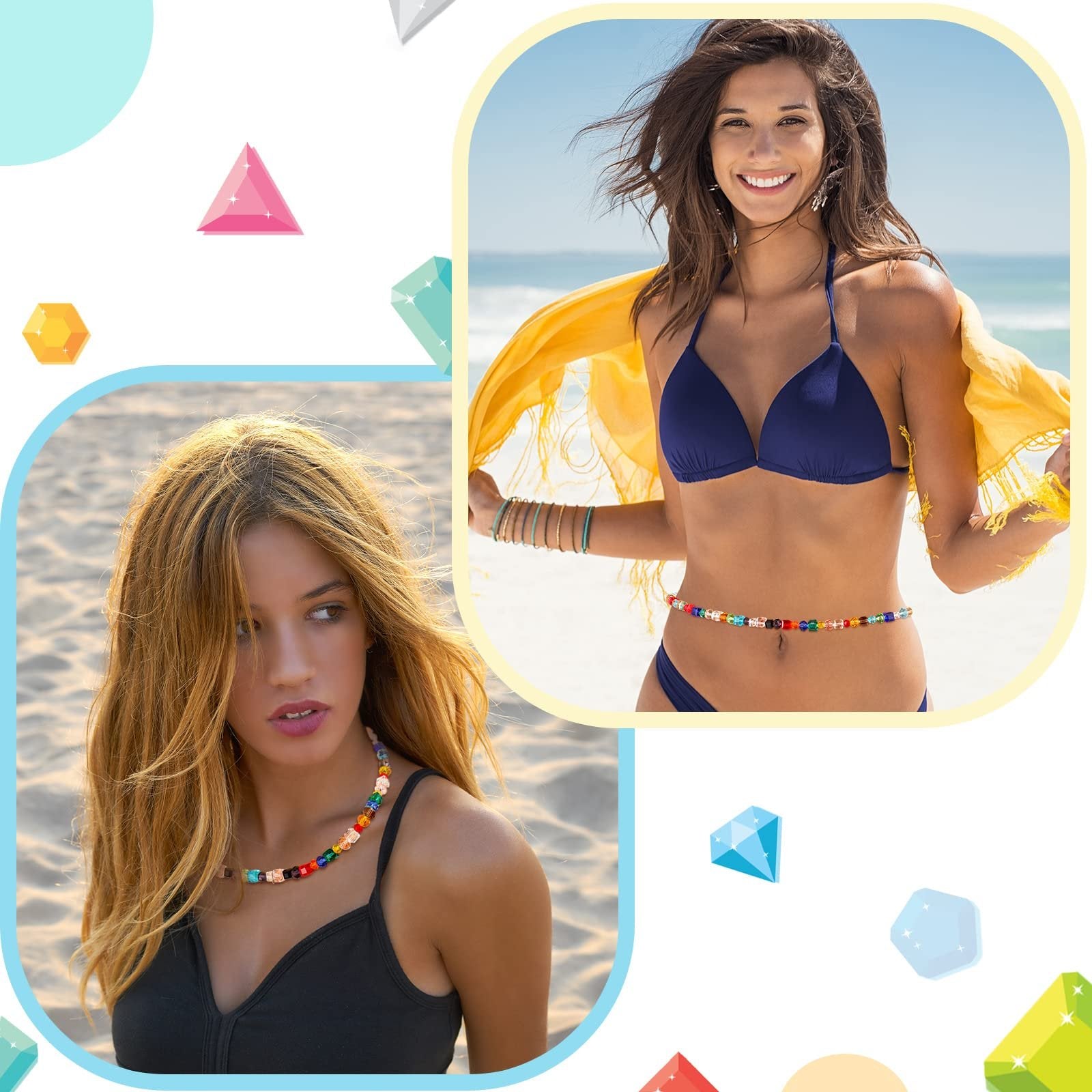 Two women on a beach wearing colorful beaded necklaces and waist chains made from faceted glass beads.