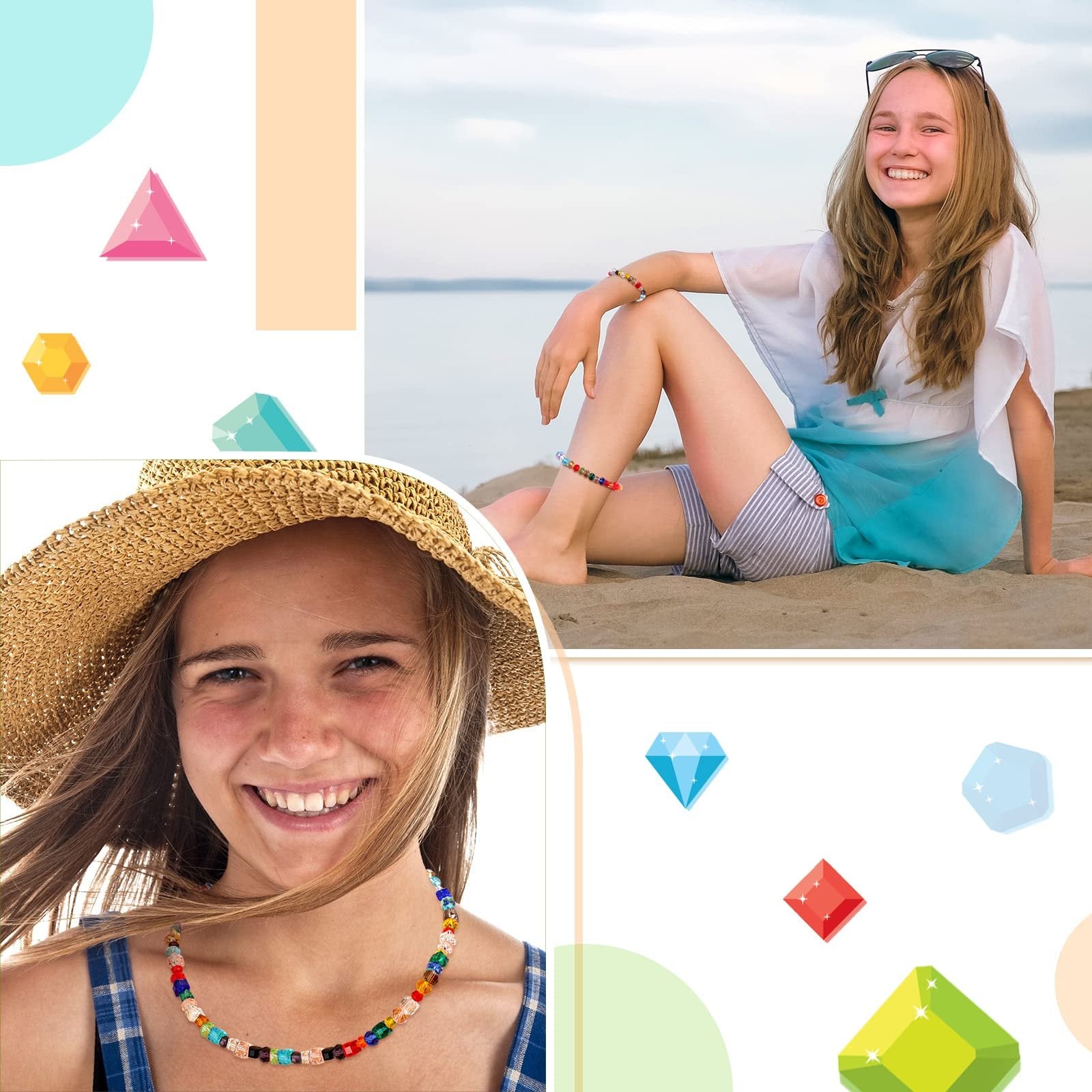 Collage of a smiling girl wearing a beaded necklace and bracelet on a beach, with graphic elements of gemstones and shapes.