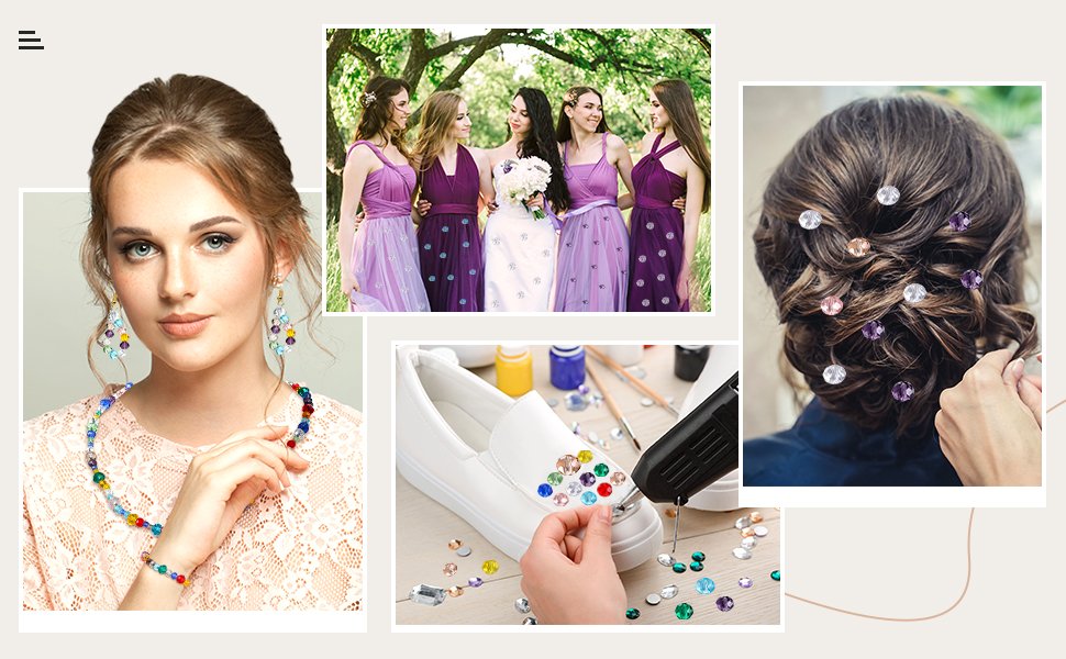 Collage of images showing crystal beads used in jewelry, hair accessories, and shoe embellishments.