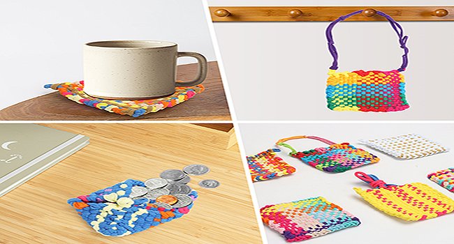 Collage of woven crafts: a mug on a coaster, a small purse hanging, a coin purse, and various woven squares and small bags.