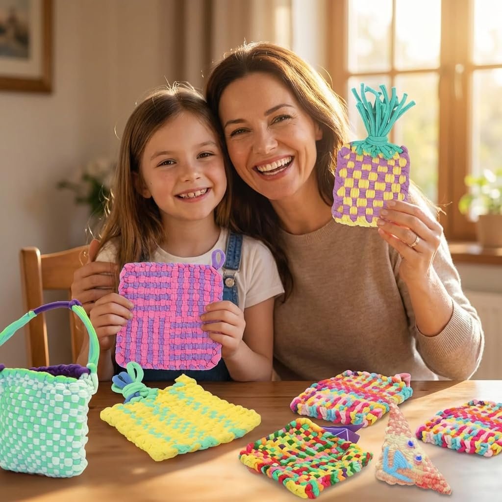 Mother and daughter smiling, holding woven crafts made with colorful yarn loops. Several finished woven items are on the table.