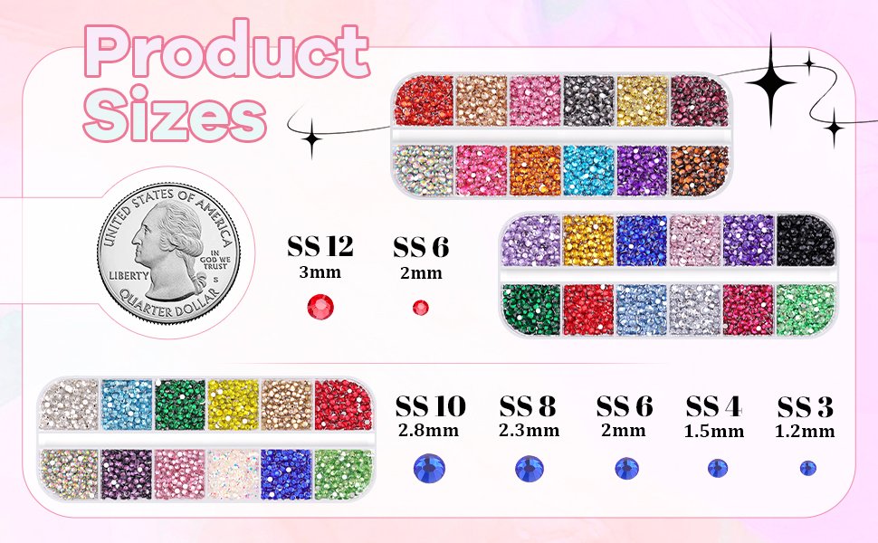Nail art rhinestones in various sizes and colors shown with a quarter for scale, illustrating product sizes.