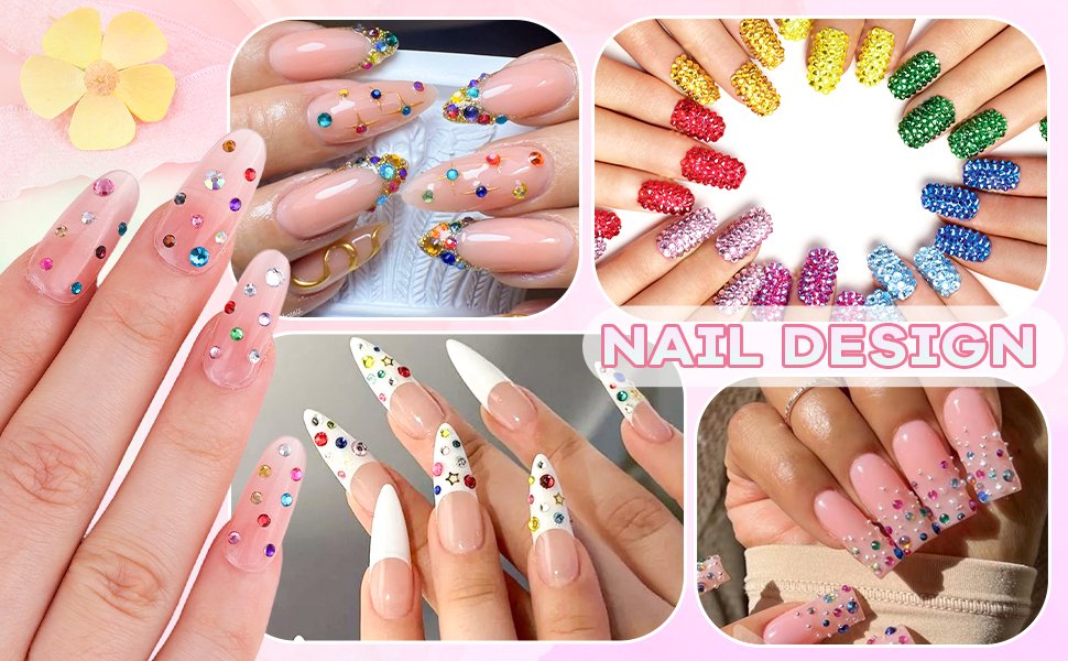 Collage of various nail art designs featuring colorful rhinestones and gems applied to fingernails.