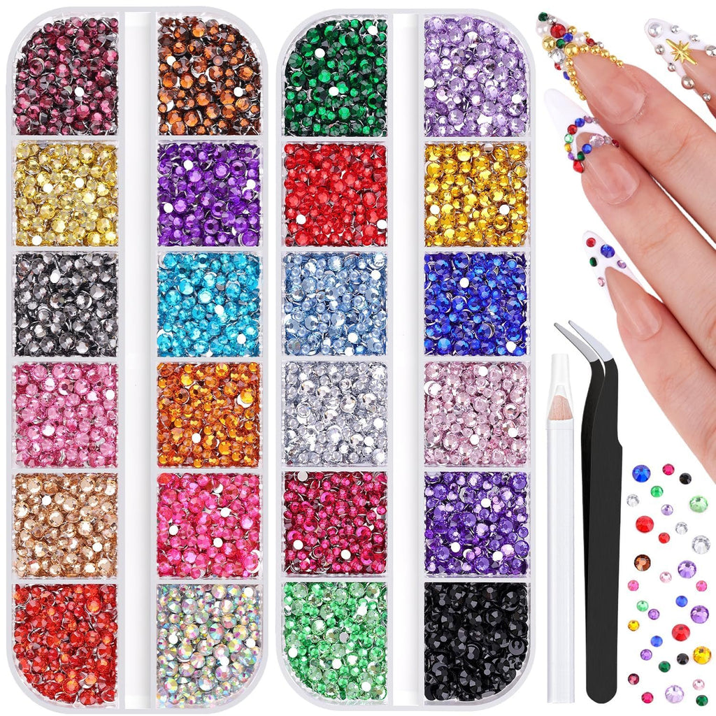 Assorted multicolor flatback resin rhinestones in divided containers with tweezers and pick-up pencil, plus decorated fingernails.