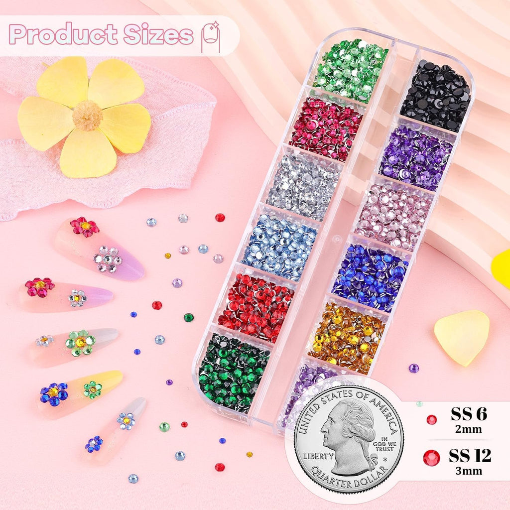 Nail art rhinestones in a divided container with examples of application on fake nails, plus size comparison chart.