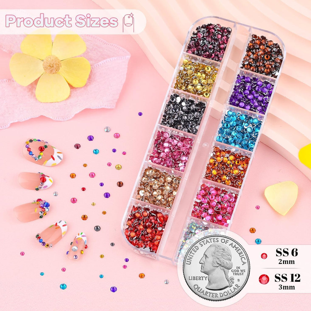 Nail art rhinestones in a divided container next to a quarter, with examples of decorated nails and product size information.