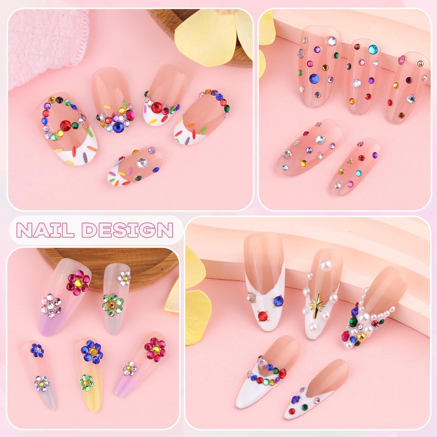 Nail art designs featuring colorful rhinestones and gems applied to artificial nails.