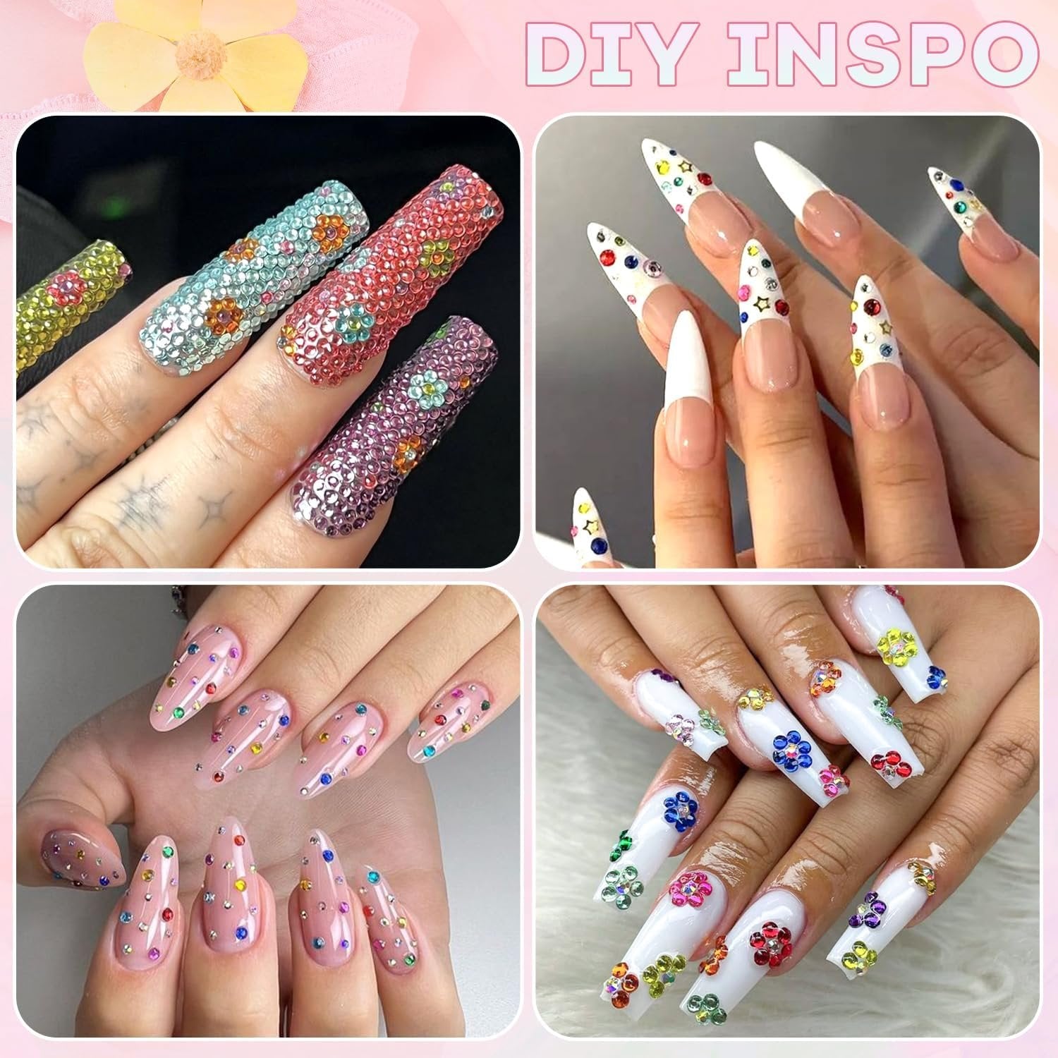 Collage of four nail art examples featuring colorful rhinestones and gems applied to artificial nails.