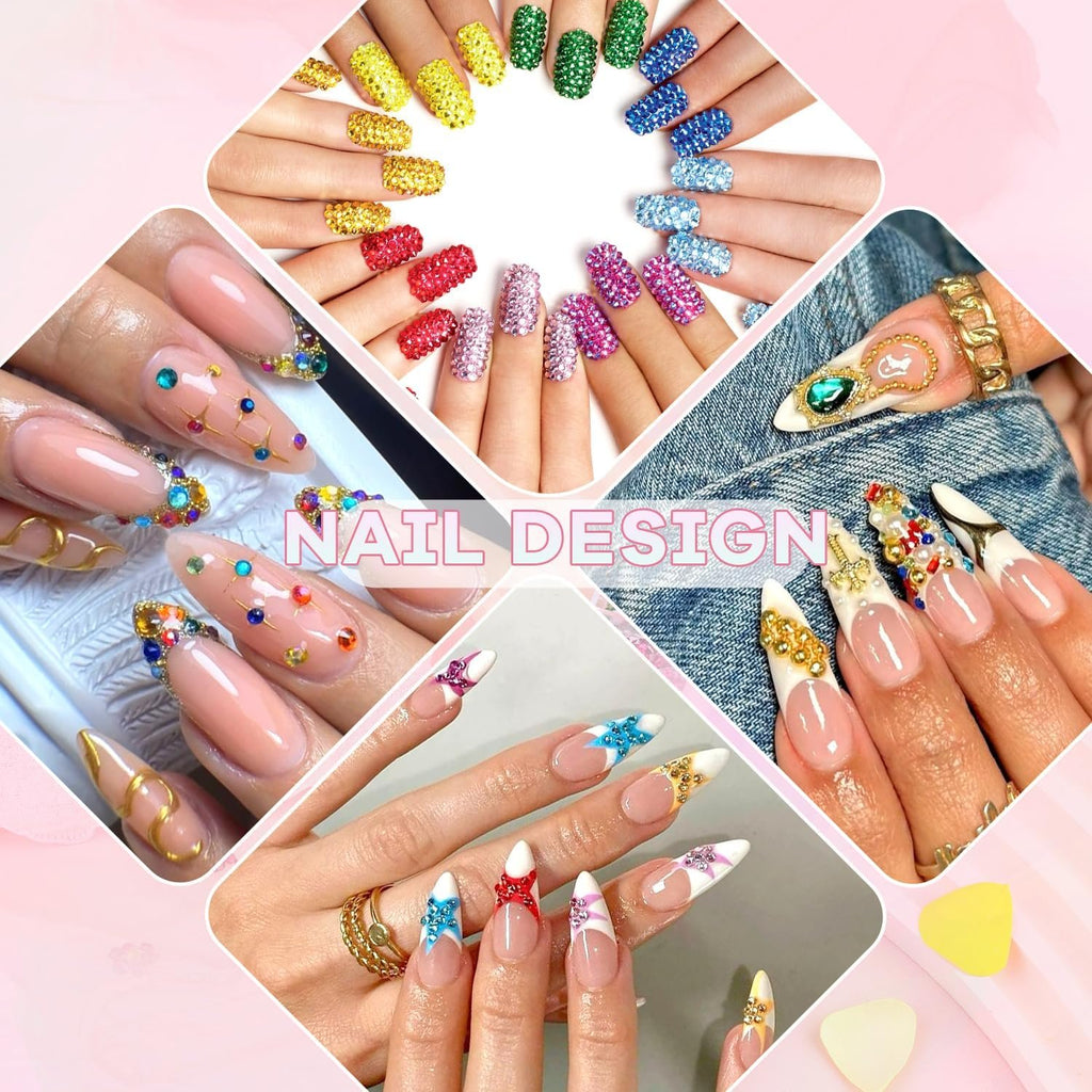 Collage of hands with various colorful rhinestone nail art designs, including flatback gems and intricate patterns.