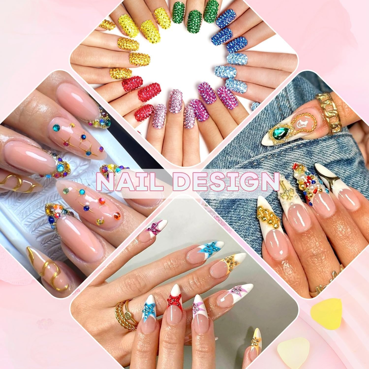Collage of hands with various colorful rhinestone nail art designs, including flatback gems and intricate patterns.