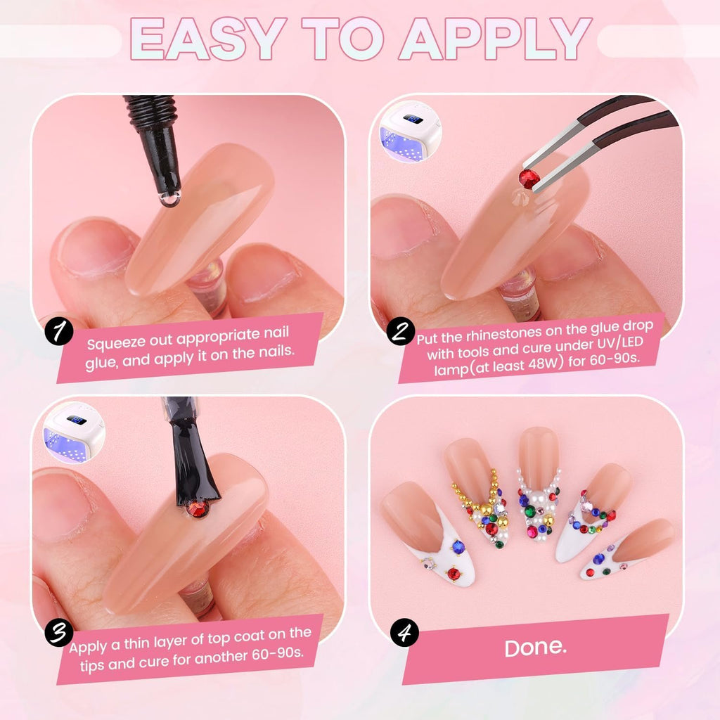 Nail art tutorial showing four steps to apply rhinestones with glue and a UV lamp.