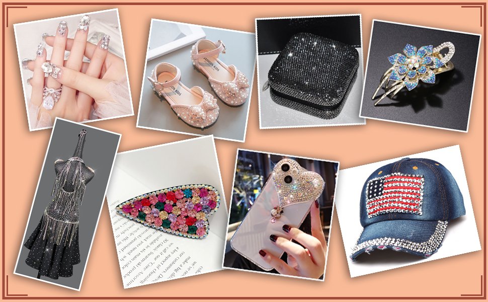 Collage of various items adorned with rhinestones, including nails, shoes, a phone case, a hat, and a dress.