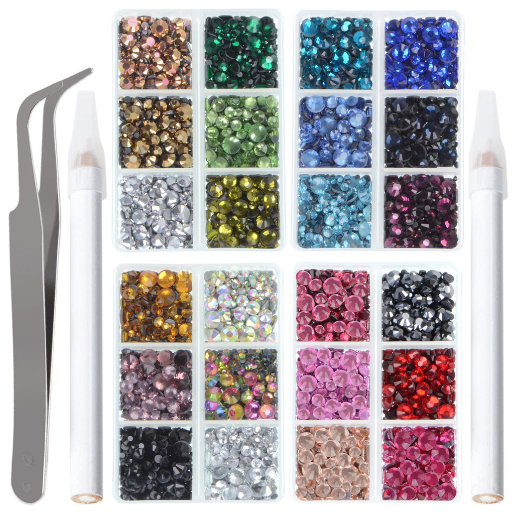 Flatback glass crystal rhinestones in 24 mixed colors with tweezers and picking pen.