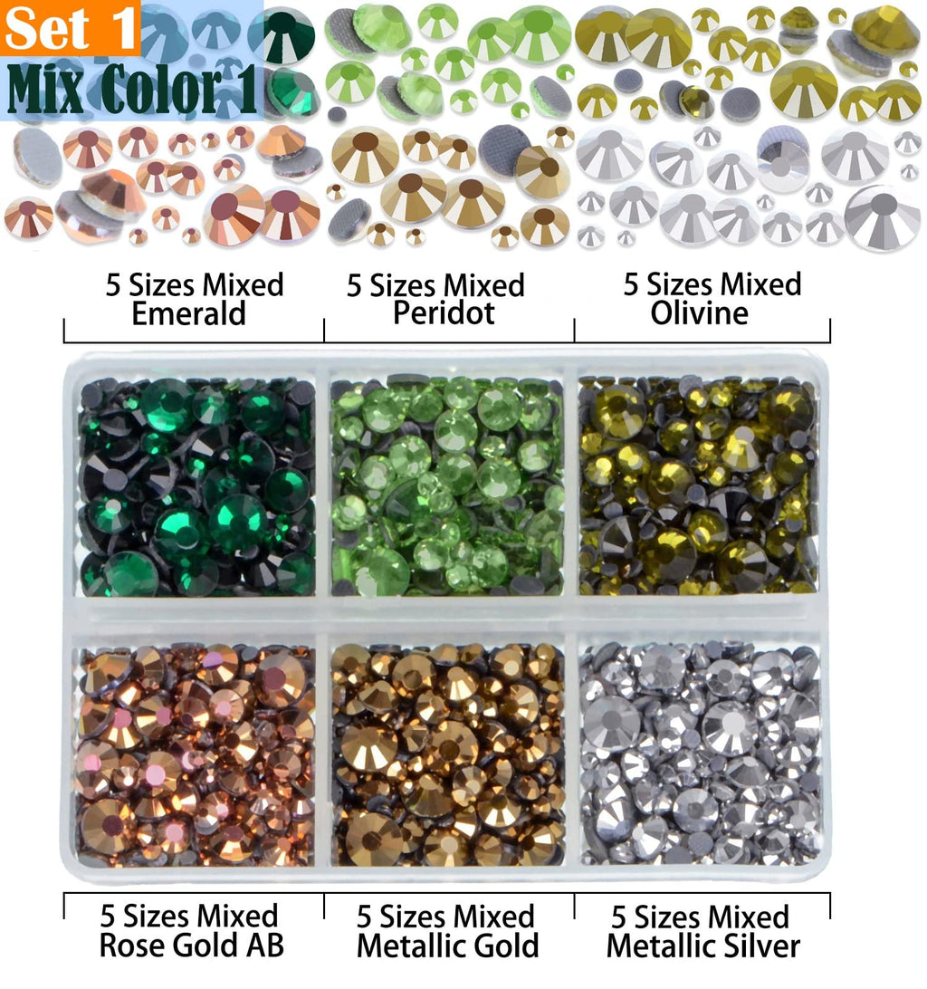 Assortment of 24 mixed color hotfix rhinestones in six compartments, labeled by color and size.