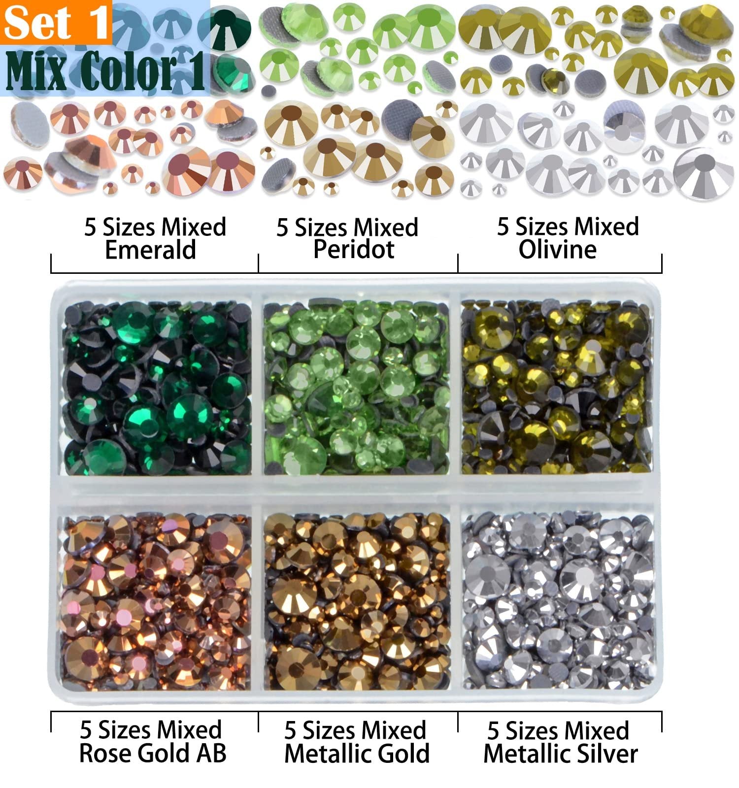 Assortment of 24 mixed color hotfix rhinestones in six compartments, labeled by color and size.