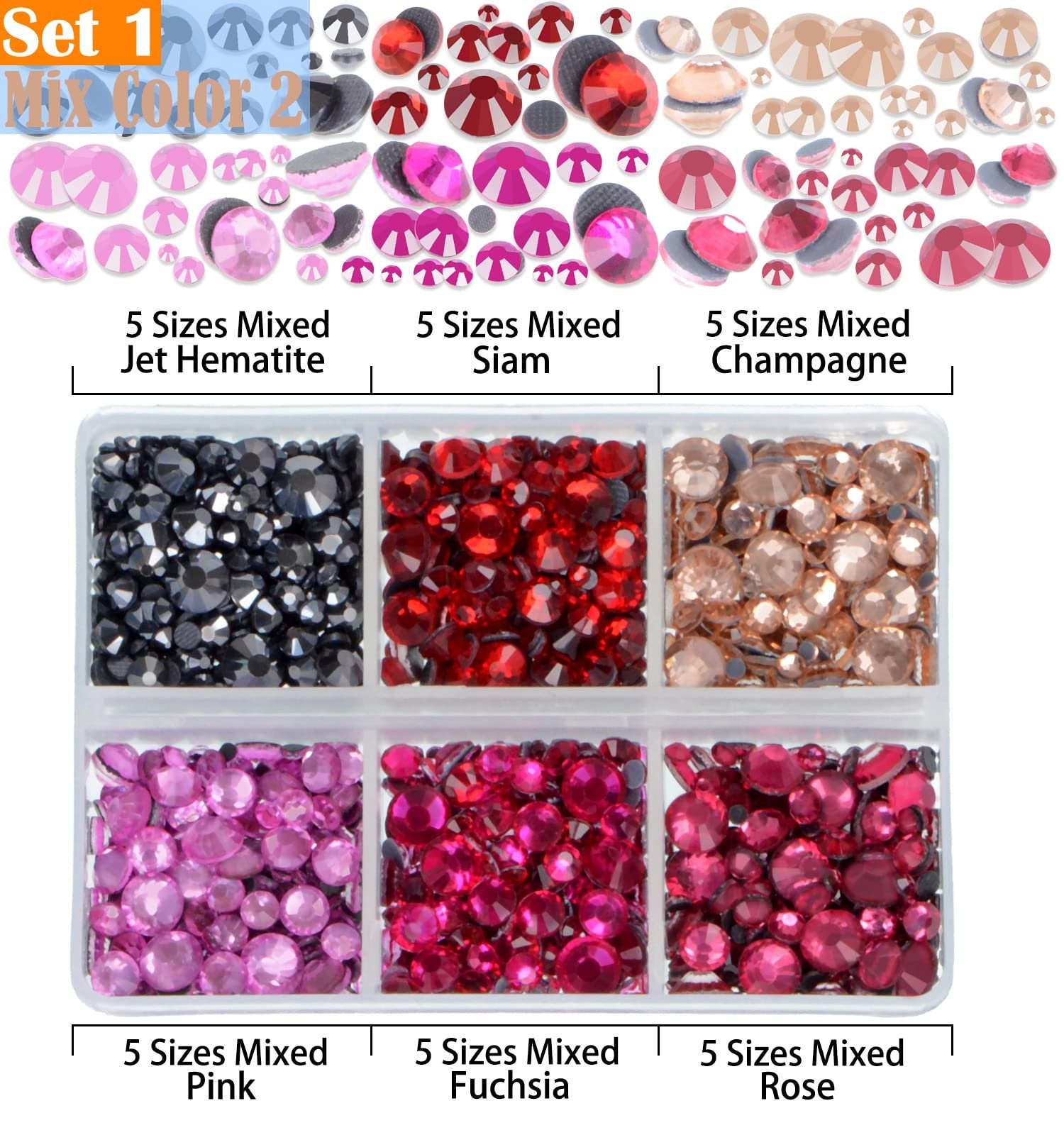 Assortment of mixed color and size hotfix rhinestones in a divided container, labeled by color.