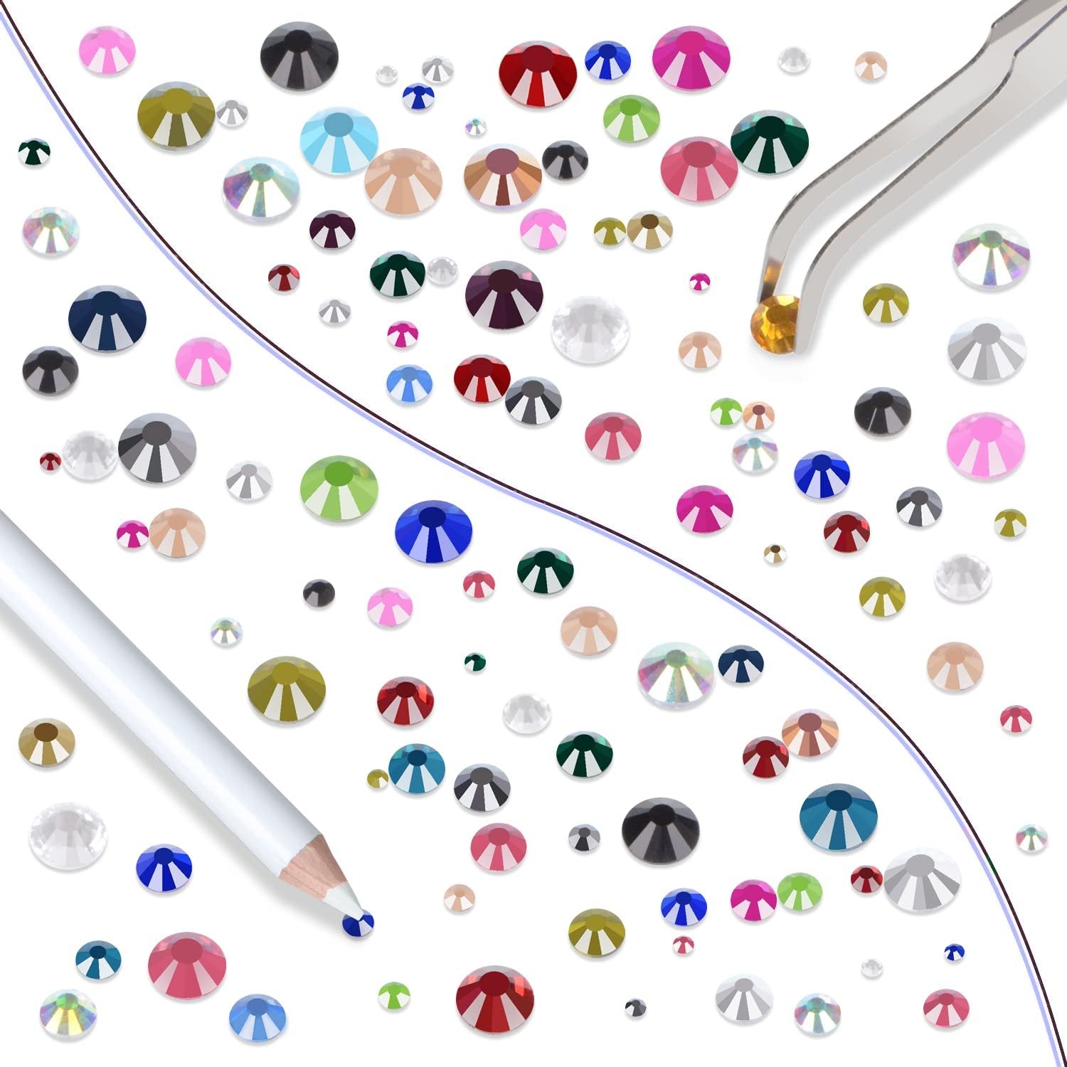 Assorted flatback glass rhinestones in mixed colors with tweezers and a picking pen.