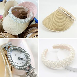 Collage of four images: straw sun visors decorated with pearls, a pearl-encrusted watch, and a pearl-covered headband.