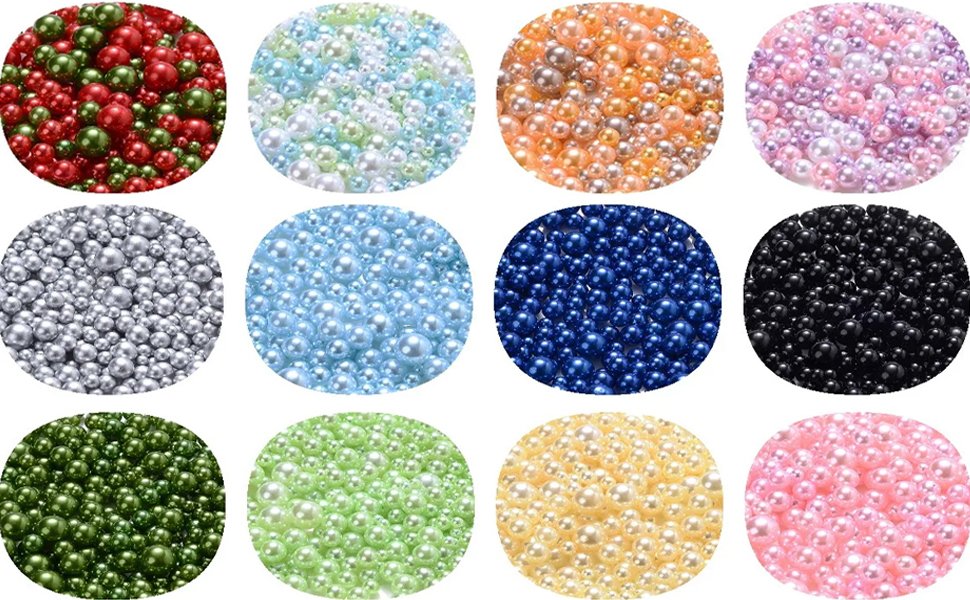 Collage of 12 circular images showcasing mixed-size round plastic beads in various colors including red, green, silver, blue, black, orange, pink, and yellow.