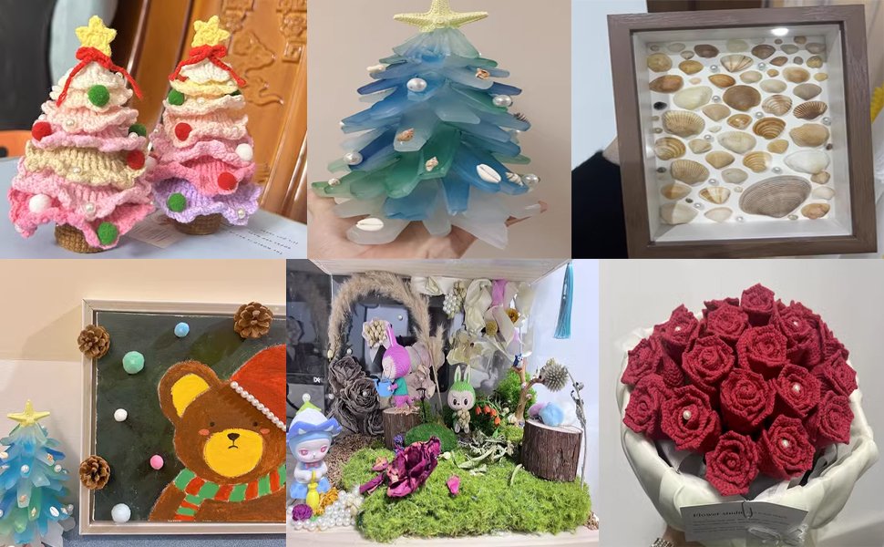 Collage of six craft projects including knitted Christmas trees, a sea glass Christmas tree, a shell shadow box, a teddy bear painting, a fairy garden diorama, and a bouquet of crocheted roses.