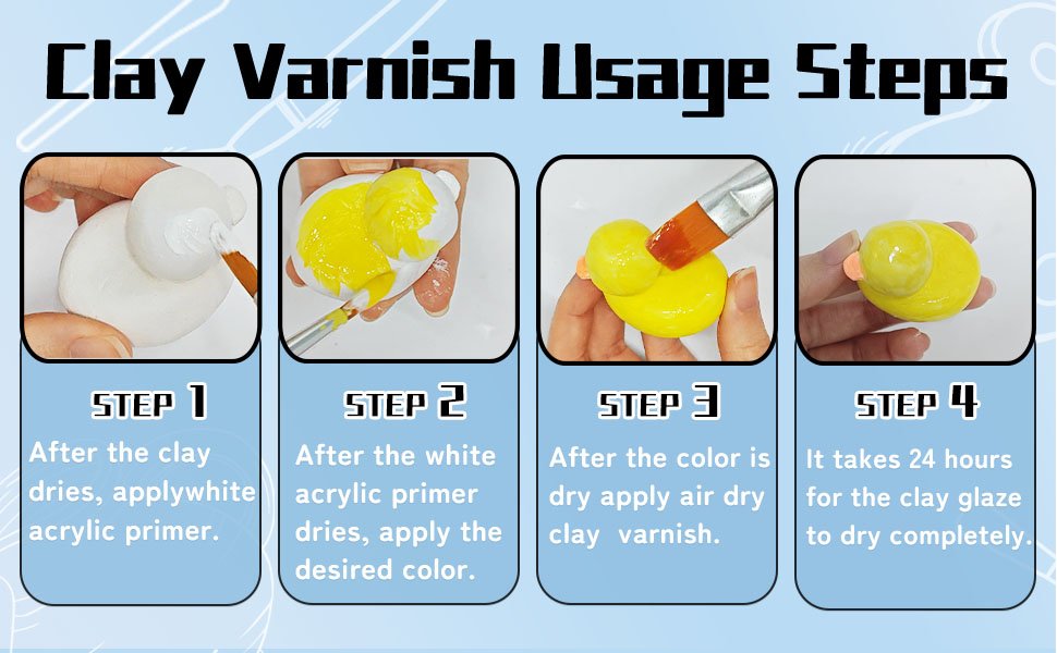 Four steps demonstrating how to apply clay varnish to a duck figurine, from priming to final drying.