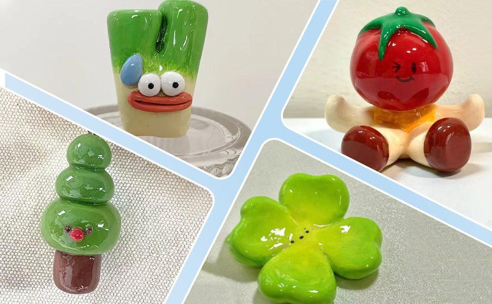 Four glossy ceramic figures: a green vegetable character, a tomato character, a green stacked ornament, and a green four-leaf clover.