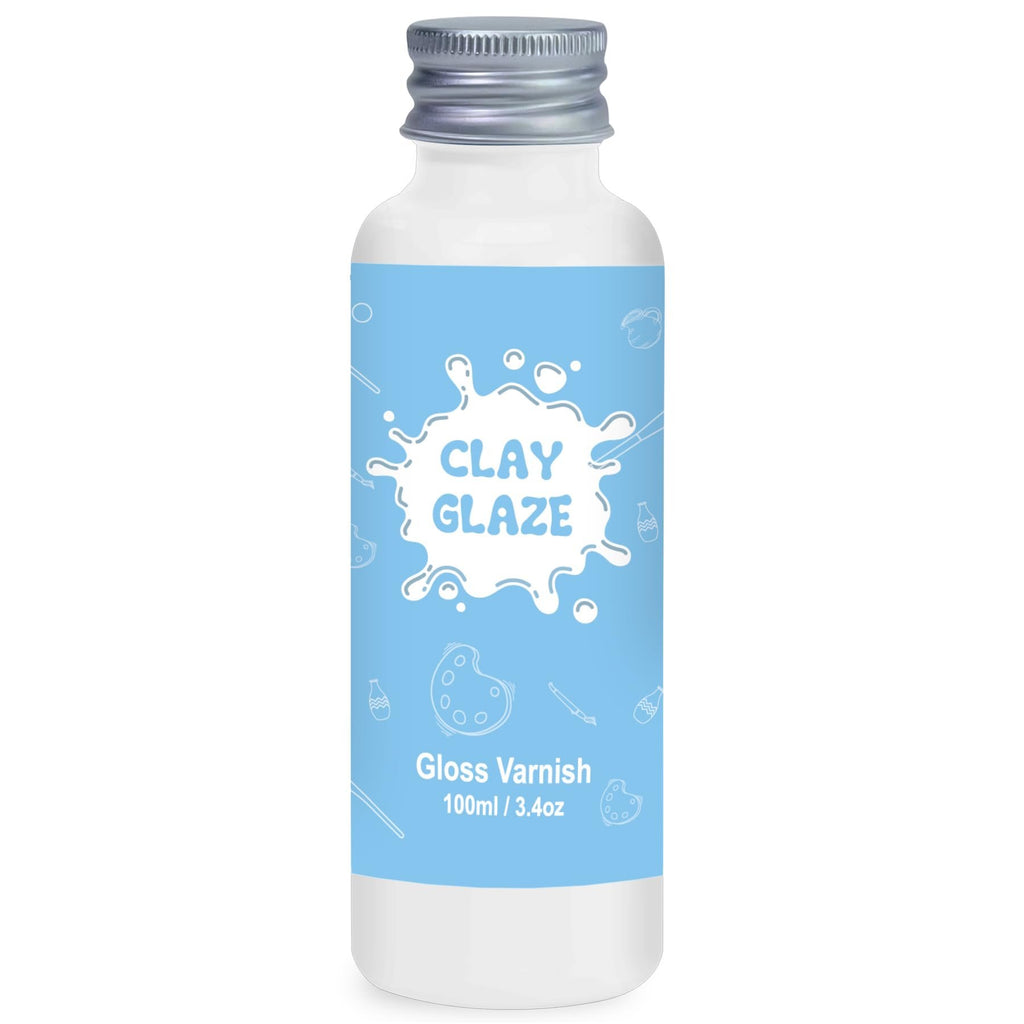 Bottle of gloss varnish with a blue label featuring white line art of paint splatters, palettes, brushes, and bottles.