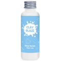 Bottle of gloss varnish with a blue label featuring white line art of paint splatters, palettes, brushes, and bottles.