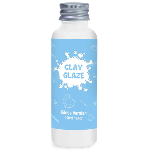 Bottle of gloss varnish with a blue label featuring white line art of paint splatters, palettes, brushes, and bottles.