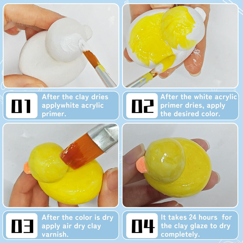 Four-panel image showing steps to paint and varnish a clay duck figure. Step 1: applying white primer. Step 2: applying yellow paint. Step 3: applying varnish. Step 4: finished varnished duck.