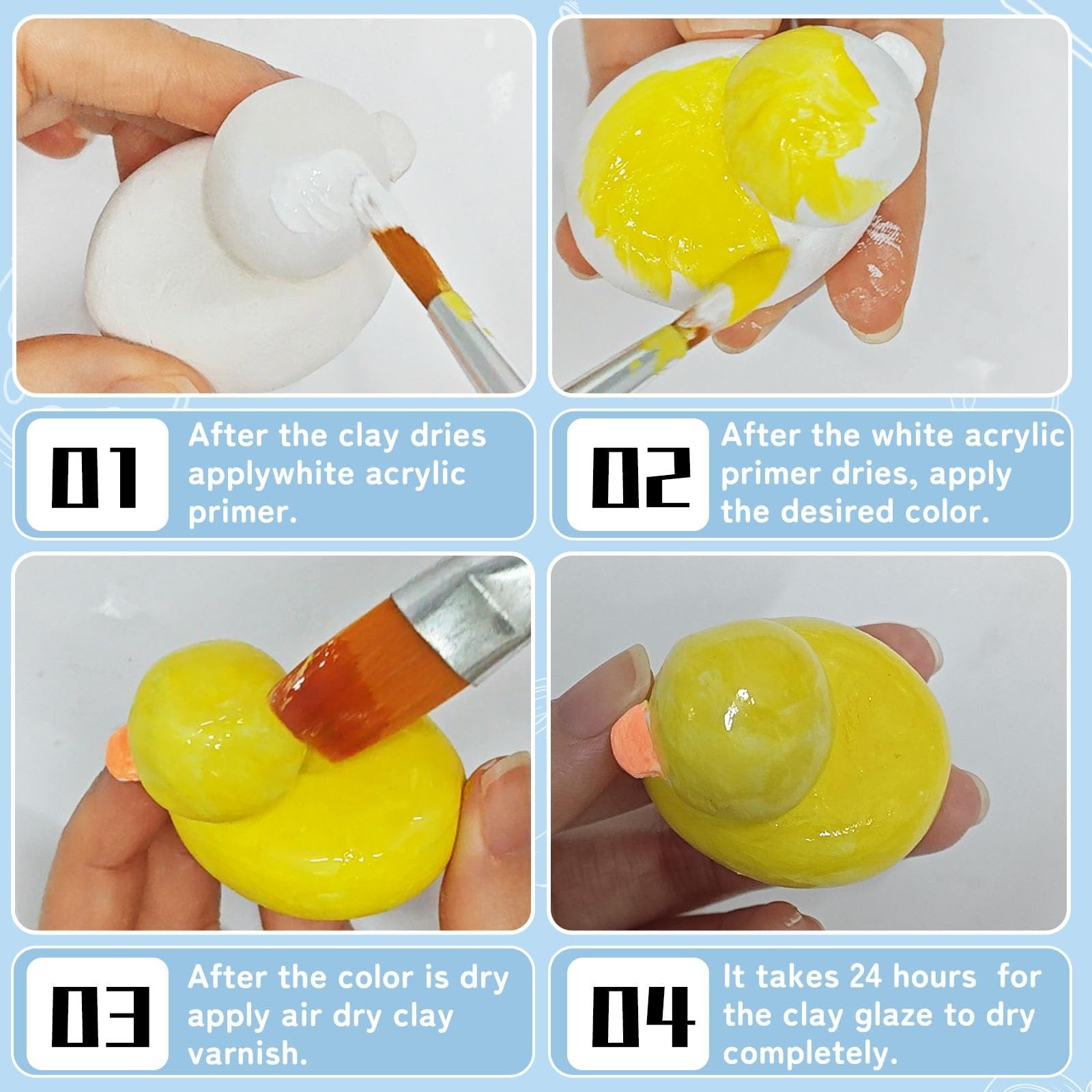 Four-panel image showing steps to paint and varnish a clay duck figure. Step 1: applying white primer. Step 2: applying yellow paint. Step 3: applying varnish. Step 4: finished varnished duck.