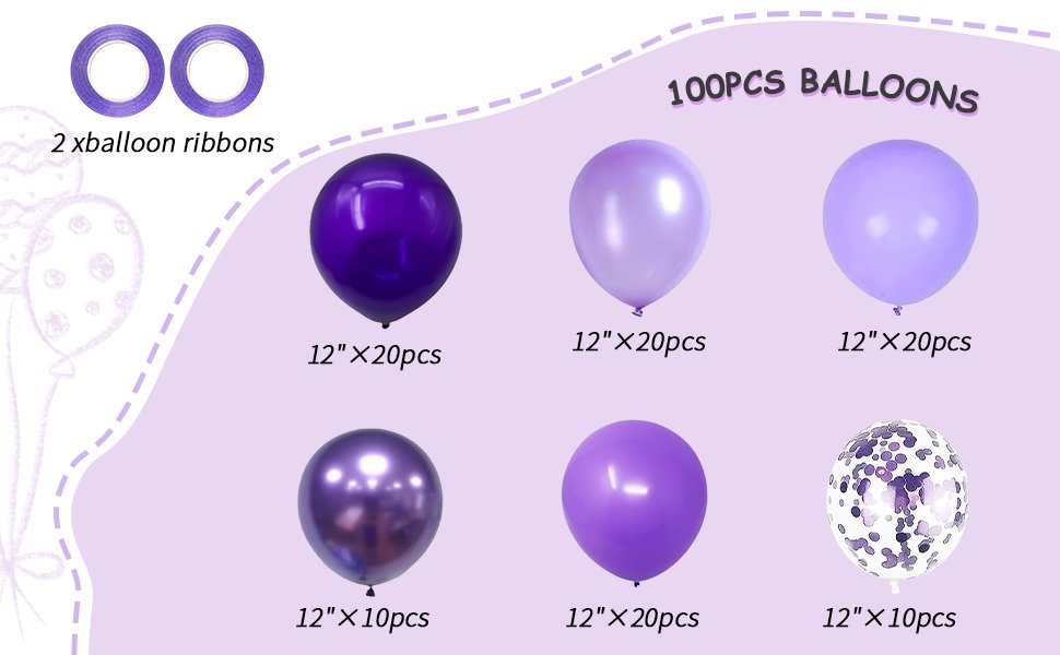 Assortment of purple and confetti balloons with two rolls of ribbon, showing different sizes and quantities.