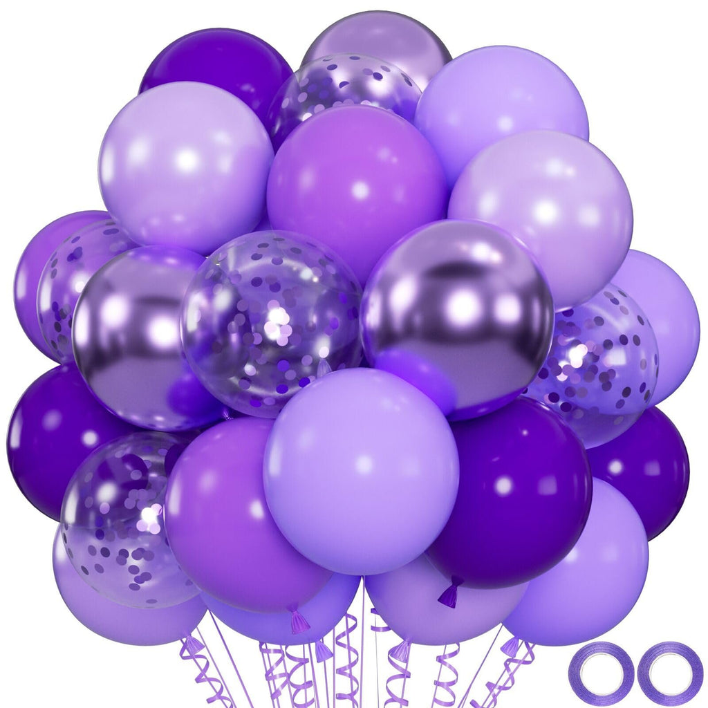 Assortment of purple balloons, some with confetti and metallic finishes, with ribbons and tape on a white background.