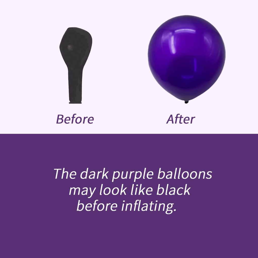 Purple balloon before and after inflation, showing uninflated black balloon and inflated purple balloon.