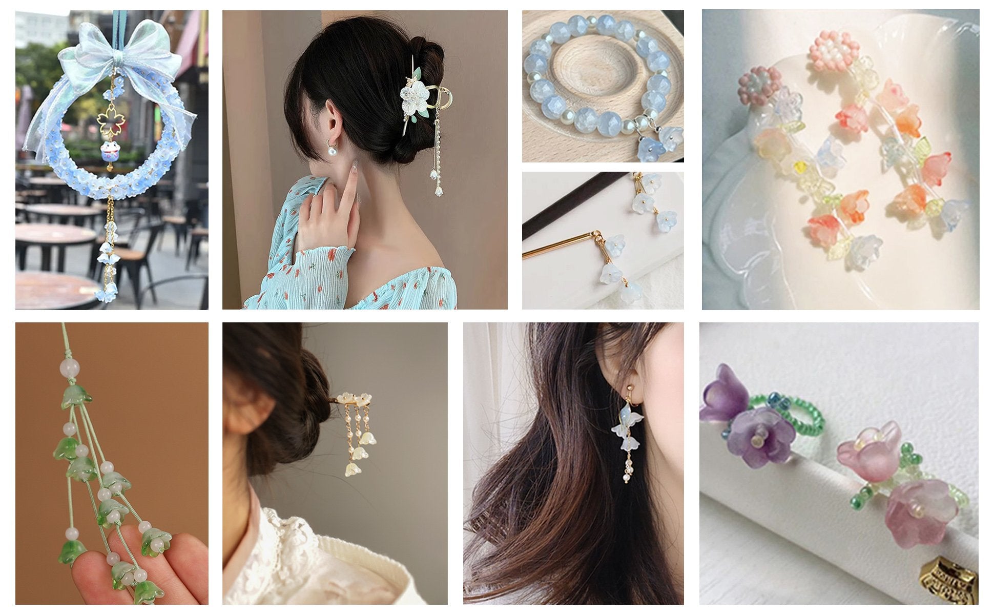 Collage of various floral-themed jewelry and crafts made with glass beads, including earrings, hairpins, bracelets, and rings.