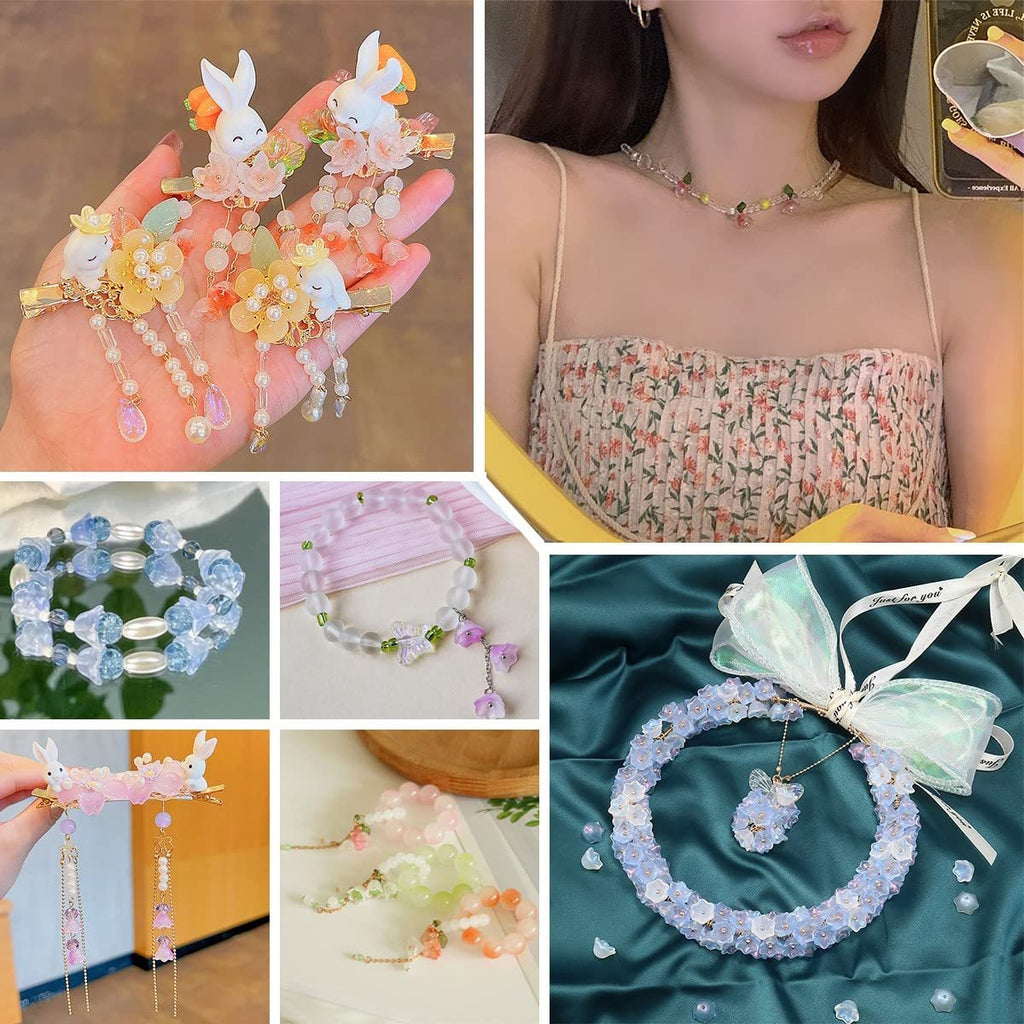 Collage of handmade jewelry and hair accessories featuring floral and bunny motifs, including bracelets, necklaces, and hair clips.