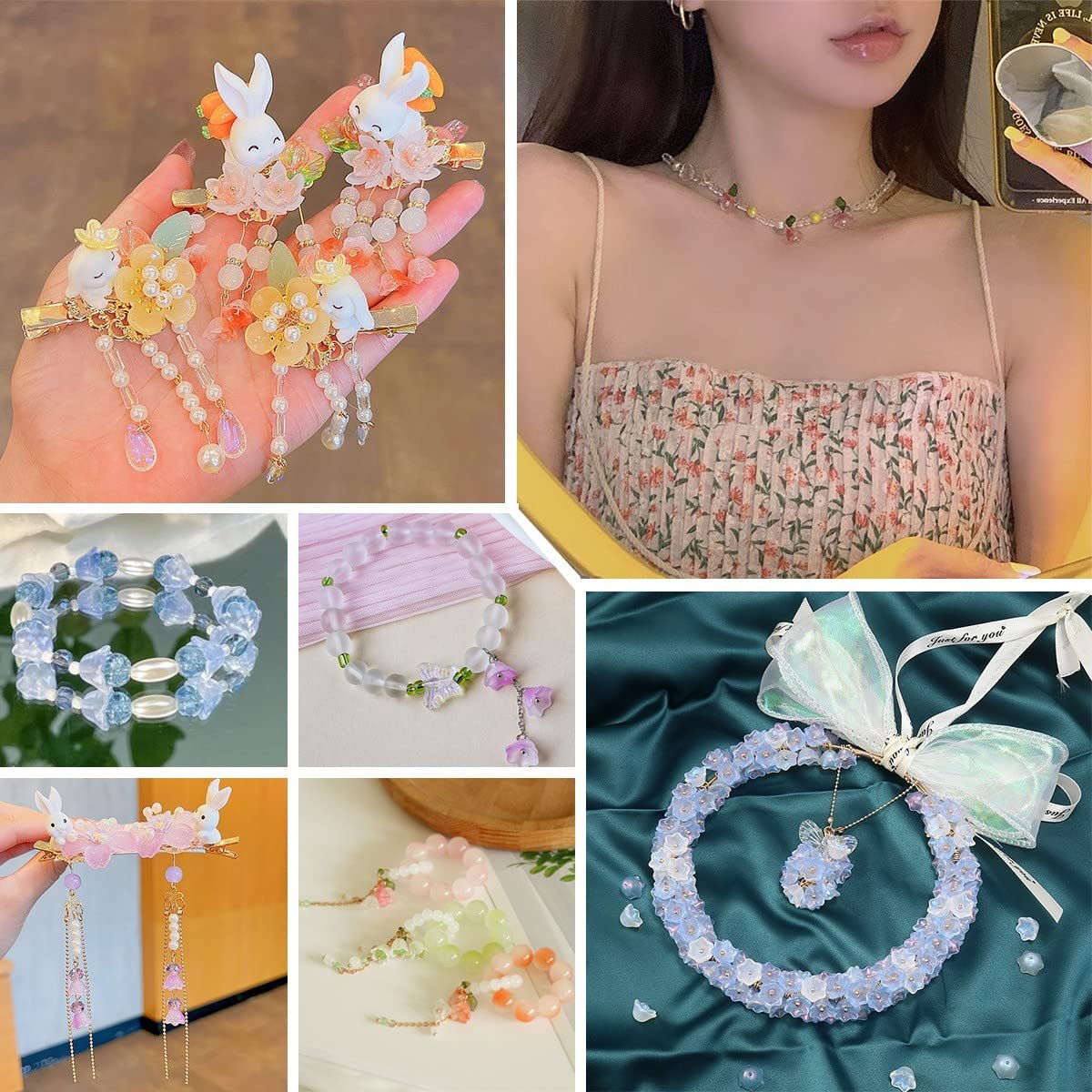 Collage of handmade jewelry and hair accessories featuring floral and bunny motifs, including bracelets, necklaces, and hair clips.