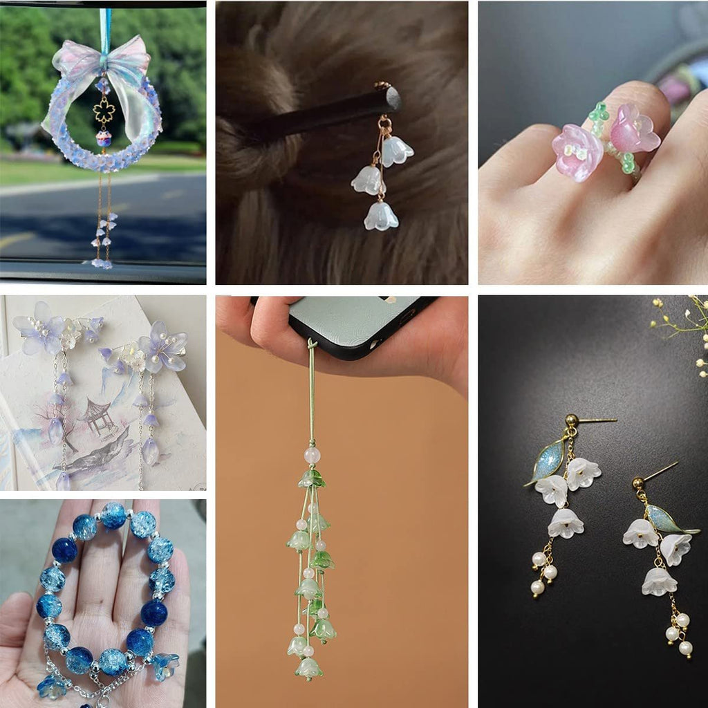 Collage of jewelry and craft items featuring bellflower and floral designs, including a car charm, hair accessory, ring, earrings, phone charm, and bracelet.