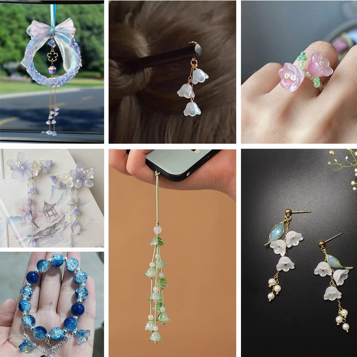 Collage of jewelry and craft items featuring bellflower and floral designs, including a car charm, hair accessory, ring, earrings, phone charm, and bracelet.