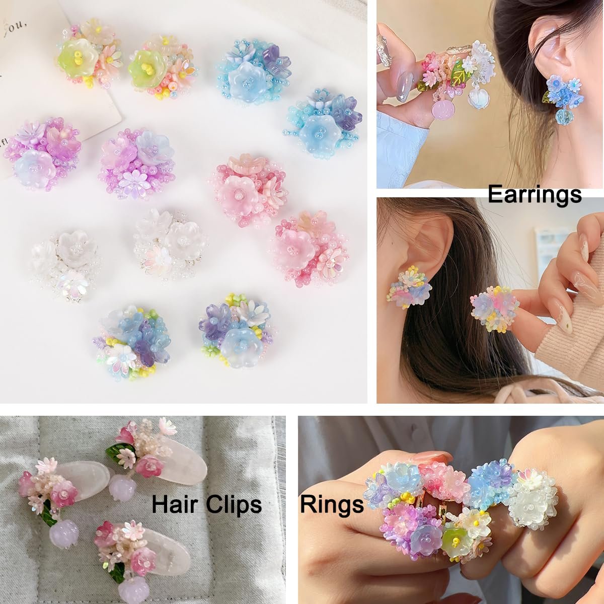 Assortment of colorful floral beaded charms for jewelry making, shown as earrings, hair clips, and rings.