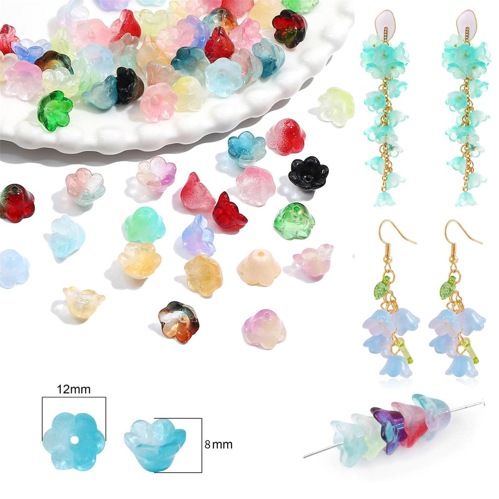 Assorted colorful glass flower beads and finished earrings on a white background, with size indicators.