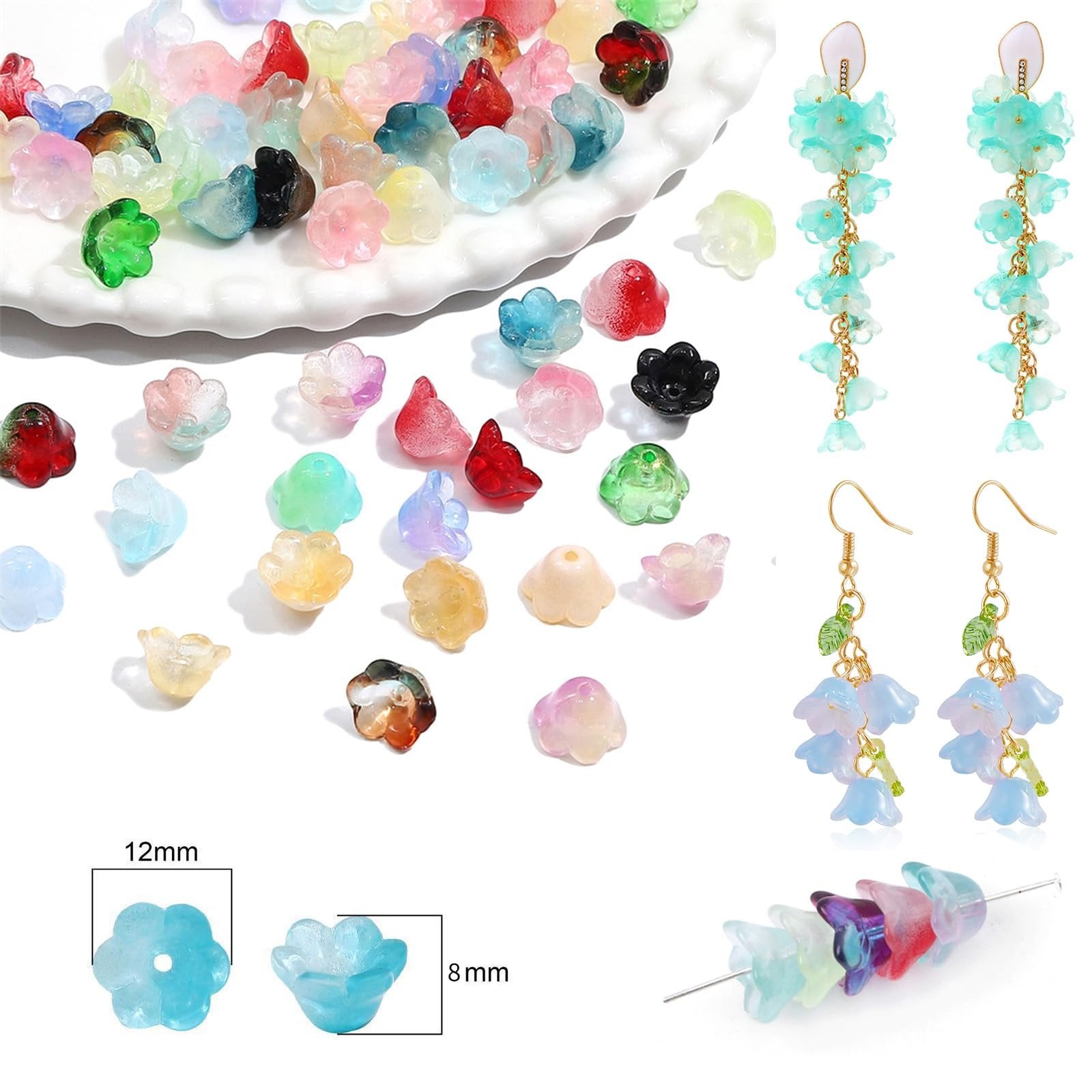 Assorted colorful glass flower beads and finished earrings on a white background, with size indicators.