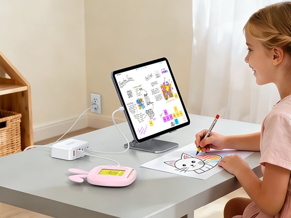 Girl drawing a cat while a 6-port USB charging station powers a tablet displaying notes
