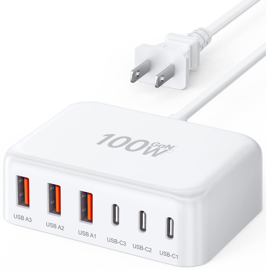 White 6-port USB C charging station with 3 USB-A and 3 USB-C ports, and a power cord with plug.